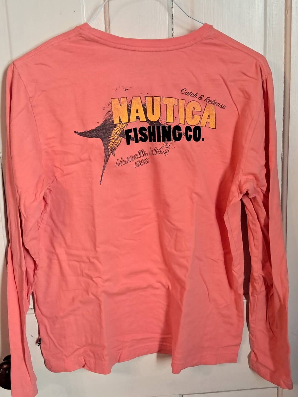 Nautica Men’s Long Sleeve Fishing Logo Tee - Salmon Colored